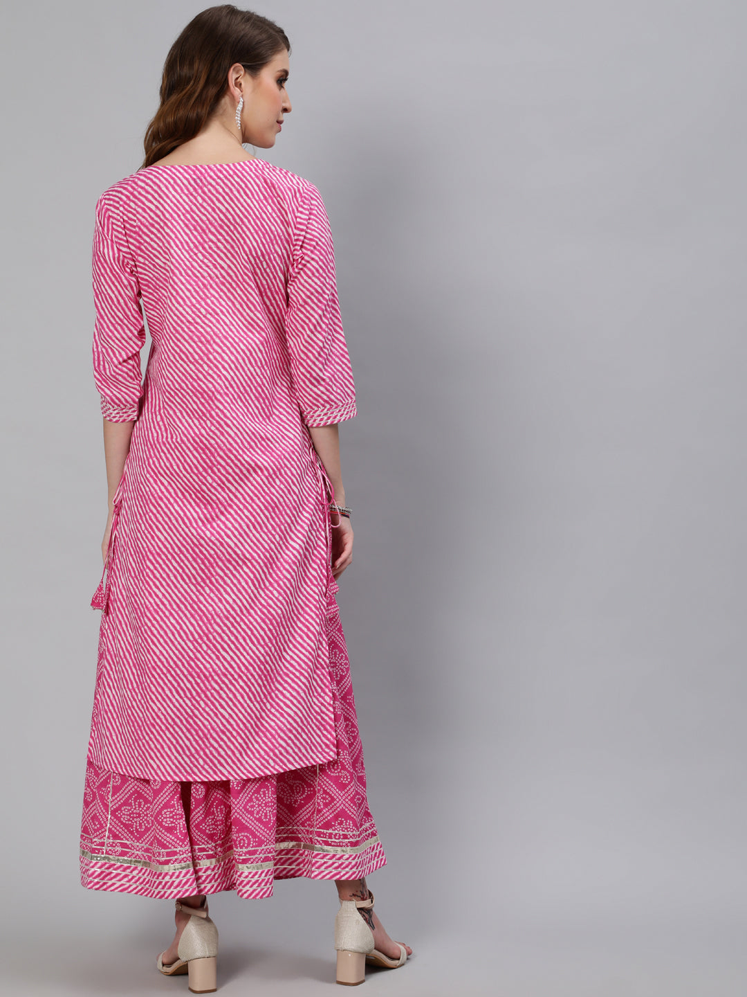 Ishin Women's Cotton Pink Embroidered A-Line Leheriya Kurta Sharara Set