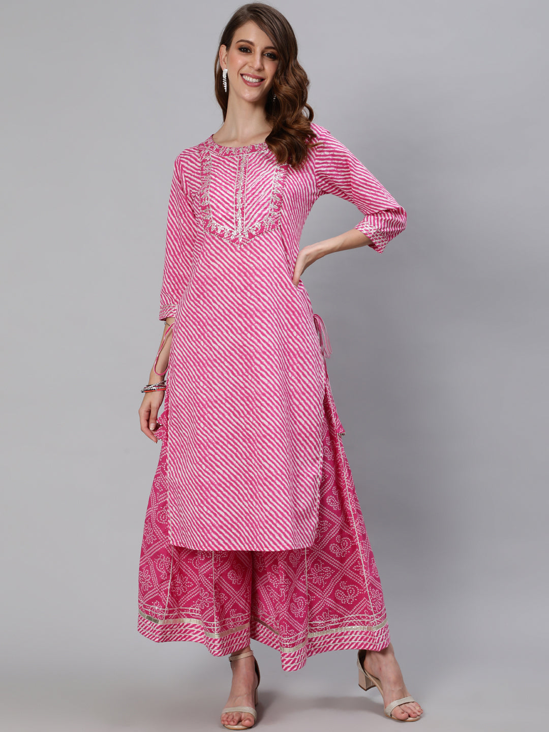 Ishin Women's Cotton Pink Embroidered A-Line Leheriya Kurta Sharara Set