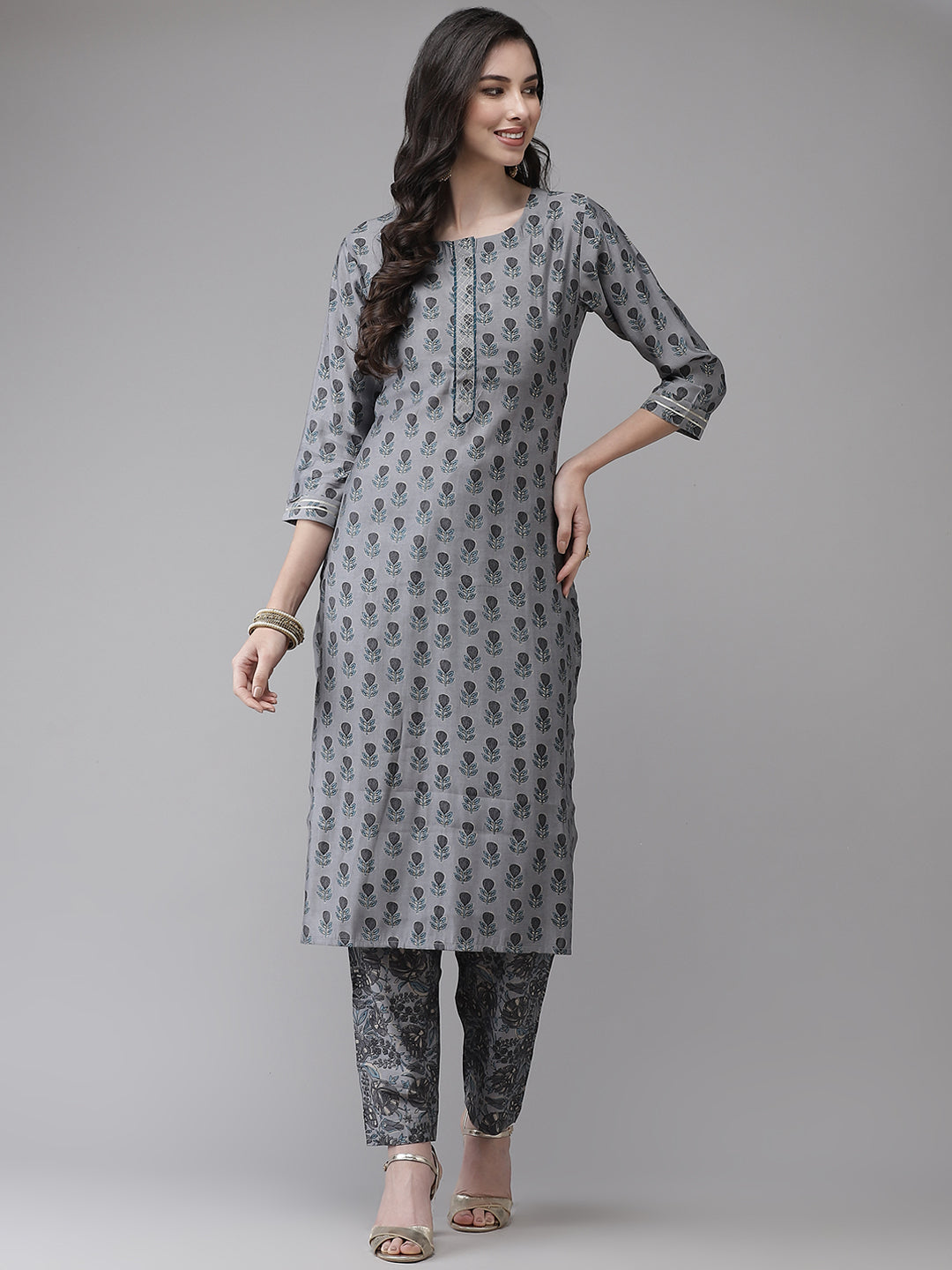 Ishin Women's Silk Blend Grey Printed A-Line Kurta Trouser Set