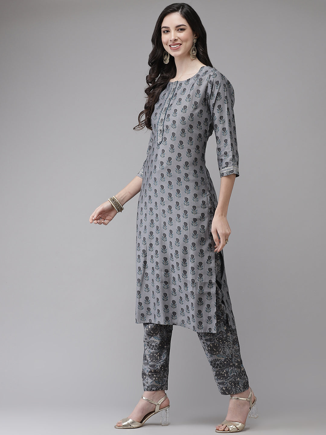 Ishin Women's Silk Blend Grey Printed A-Line Kurta Trouser Set