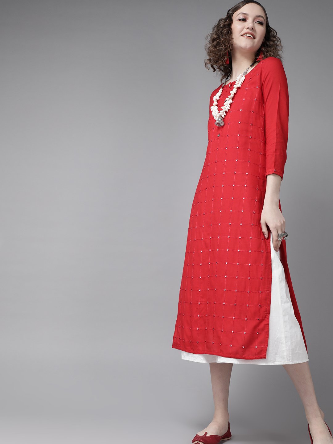 Ishin Women's Rayon Red Embellished A-Line Kurta