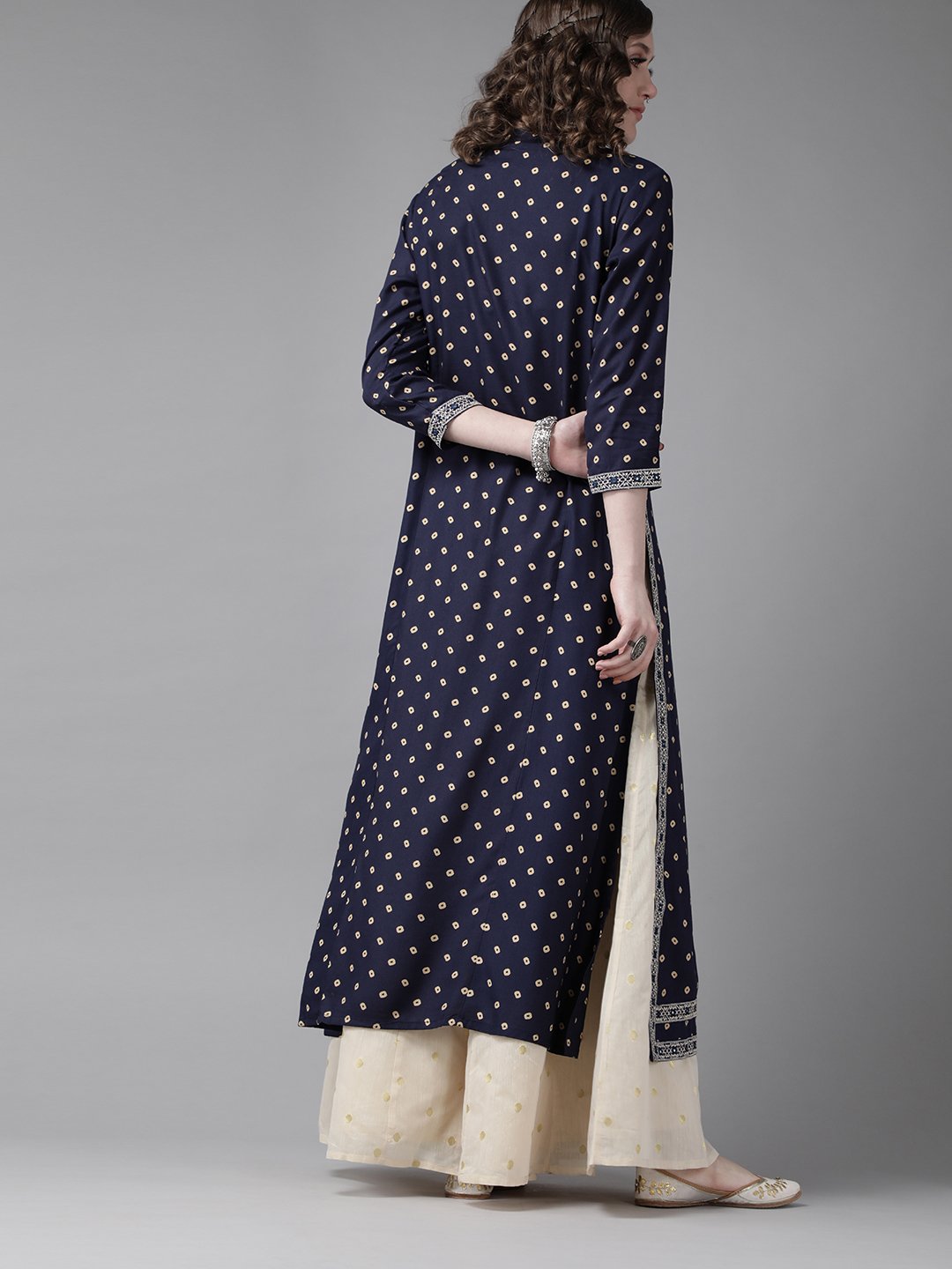 Ishin Women's Rayon Navy Blue Bandhani Embroidered A-Line Kurta