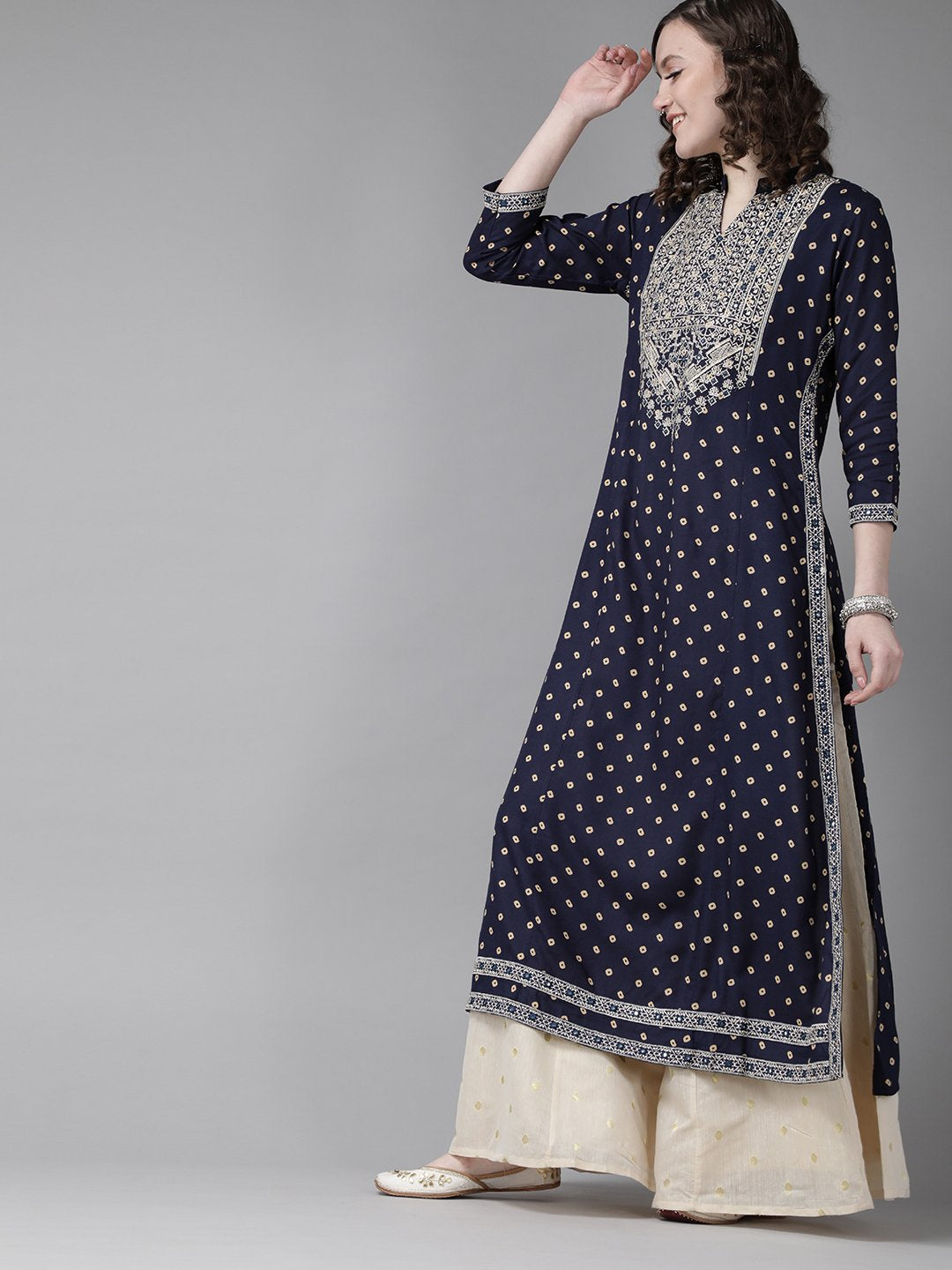 Ishin Women's Rayon Navy Blue Bandhani Embroidered A-Line Kurta