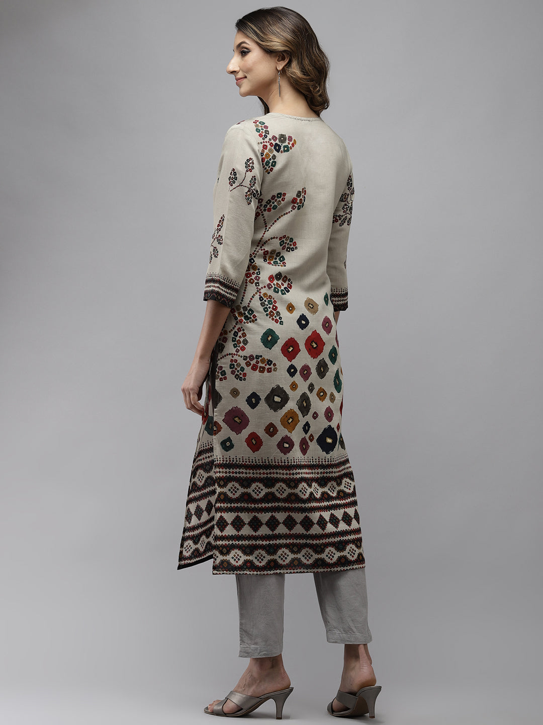 Ishin Women's Silk Blend Grey Embroidered A-Line Kurta