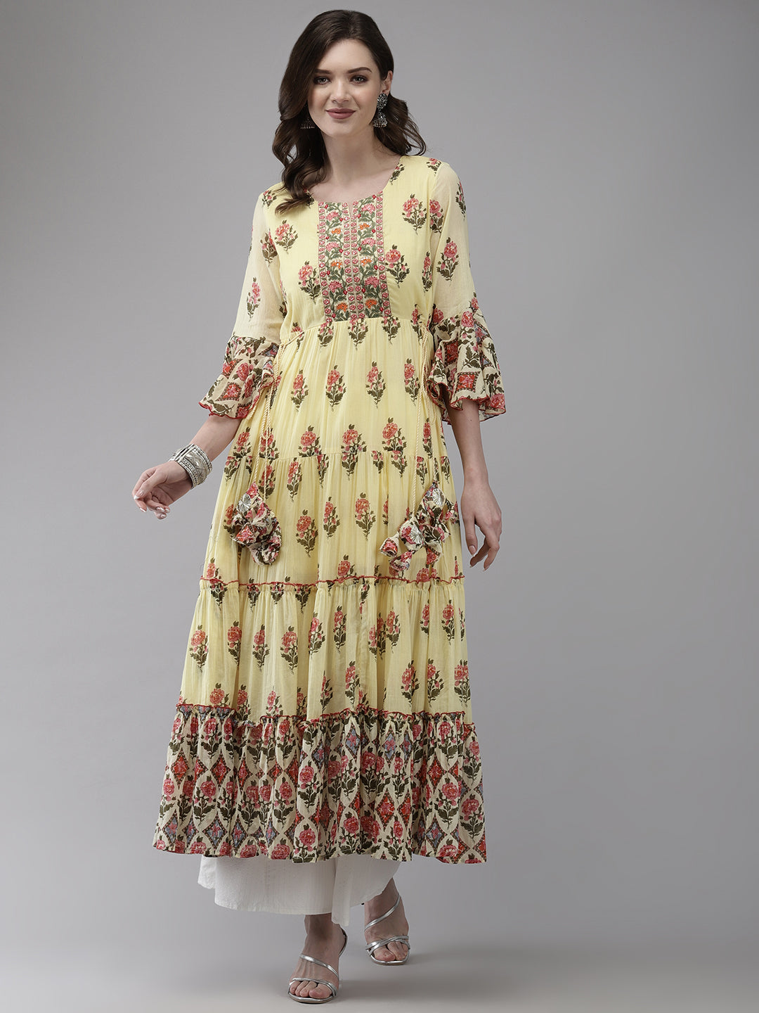 Ishin Women's Cotton Blend Yellow Embroidered Anarkali Kurta