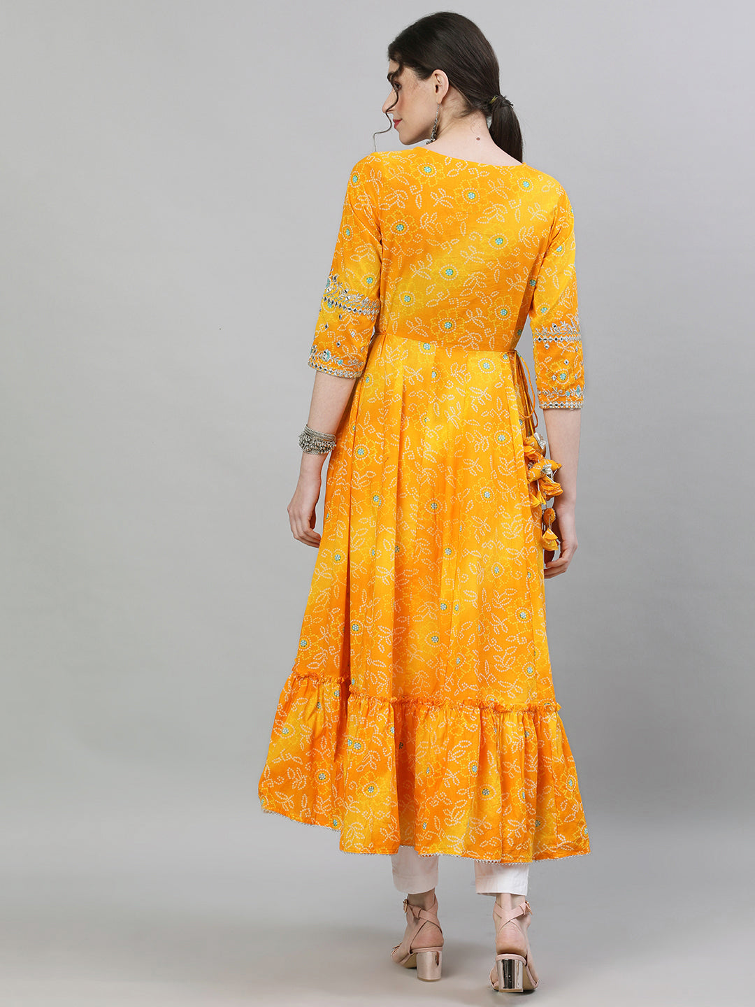 Ishin Women's Rayon Yellow Bandhani Embellished Anarkali Kurta