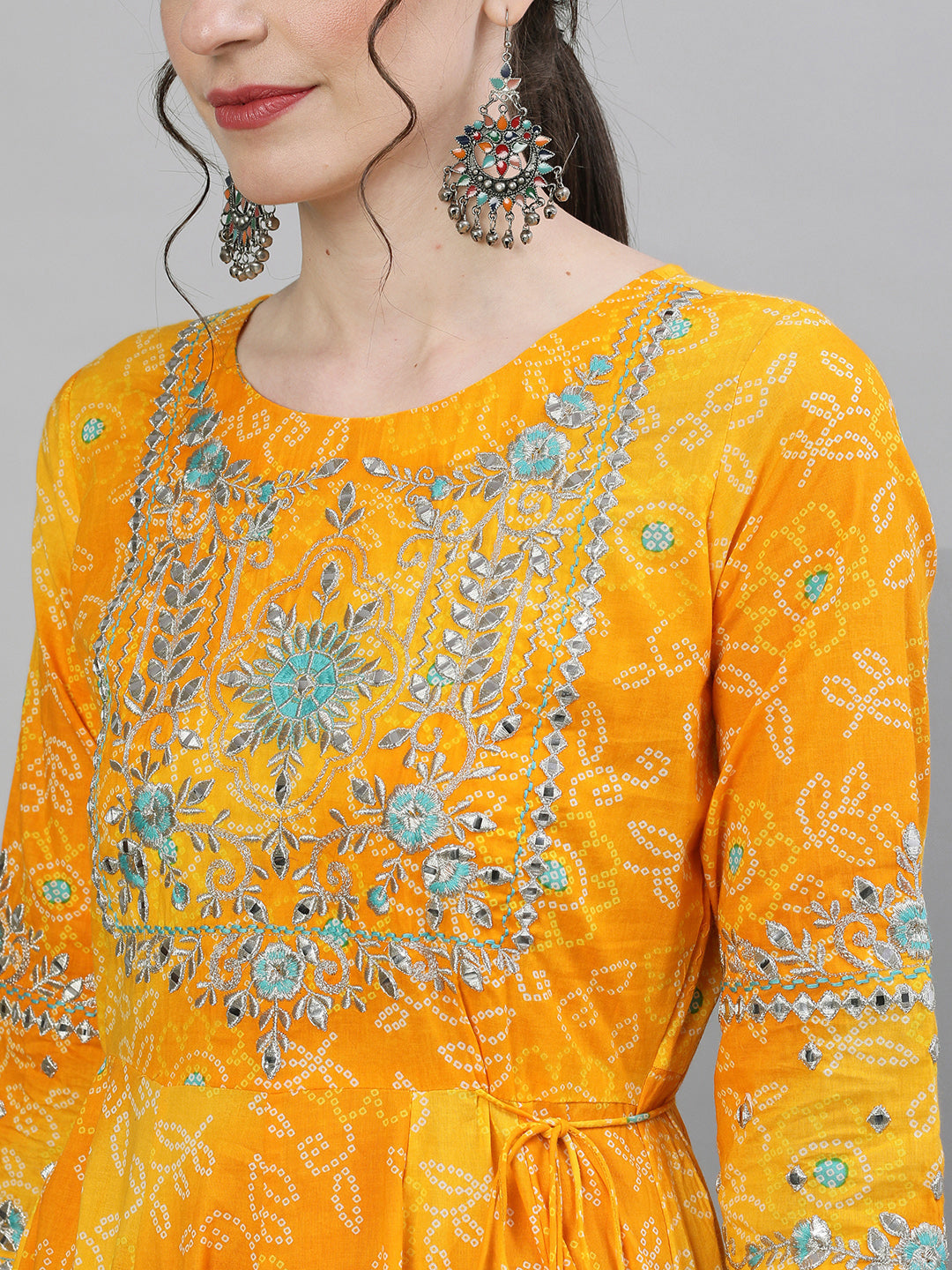 Ishin Women's Rayon Yellow Bandhani Embellished Anarkali Kurta