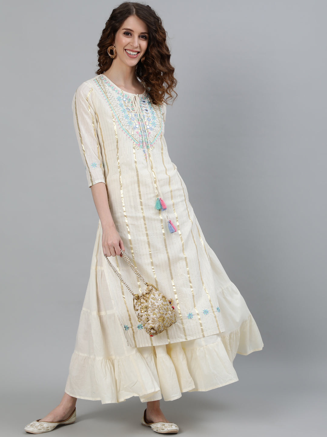 Off White Lurex Embellished Kurta