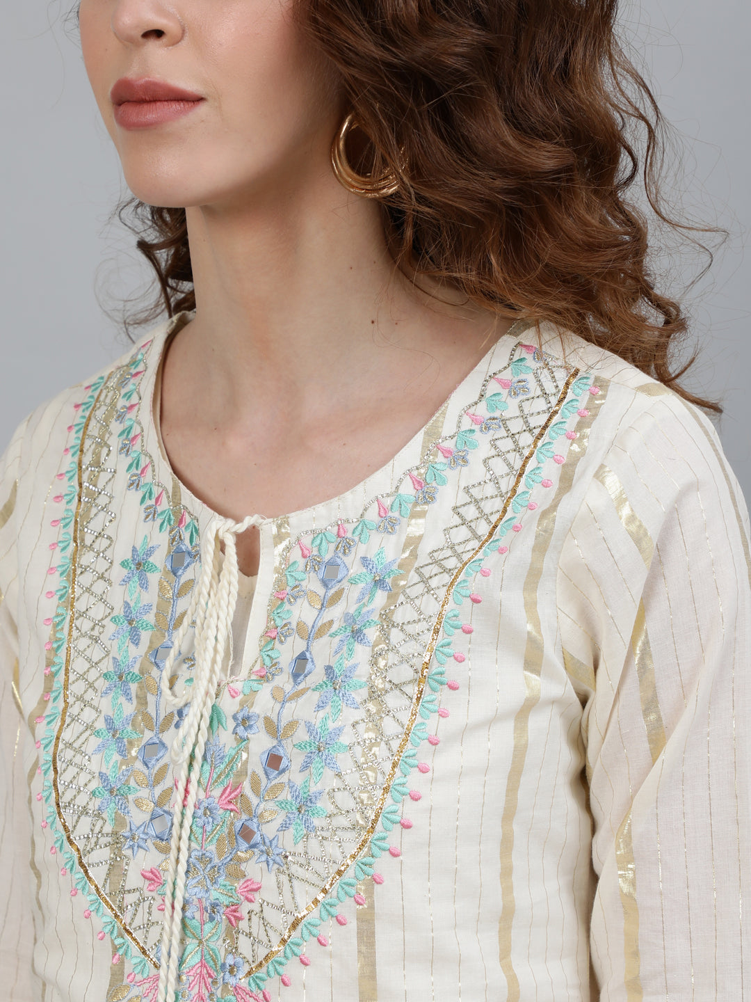 Off White Lurex Embellished Kurta