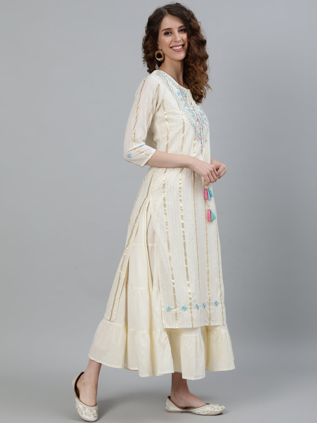 Off White Lurex Embellished Kurta