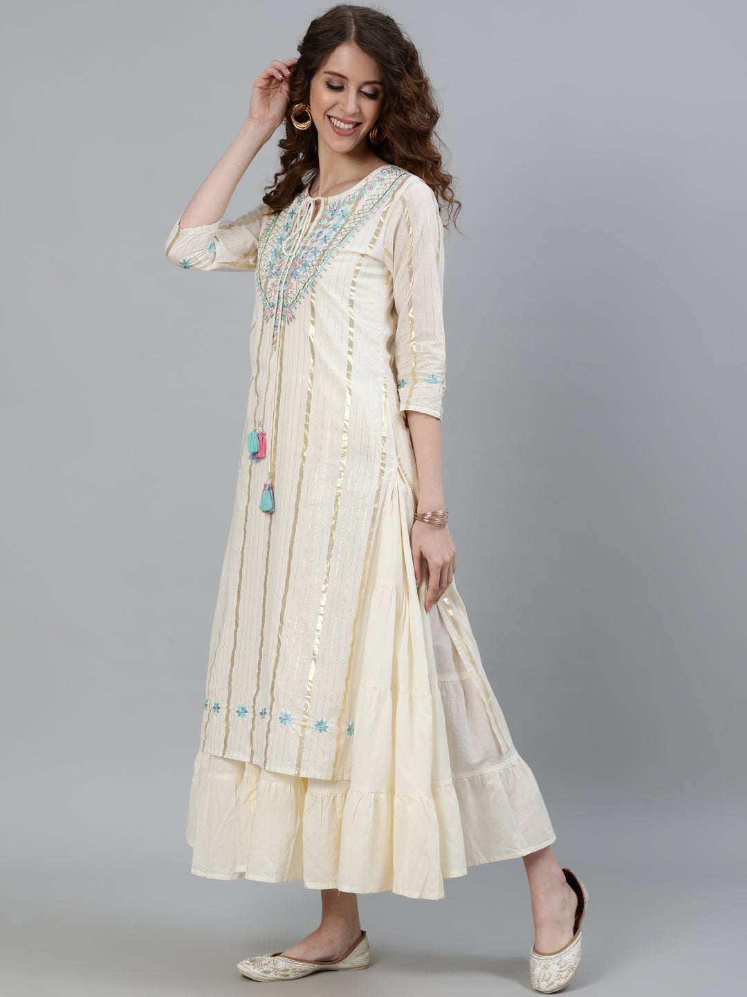 Off White Lurex Embellished Kurta