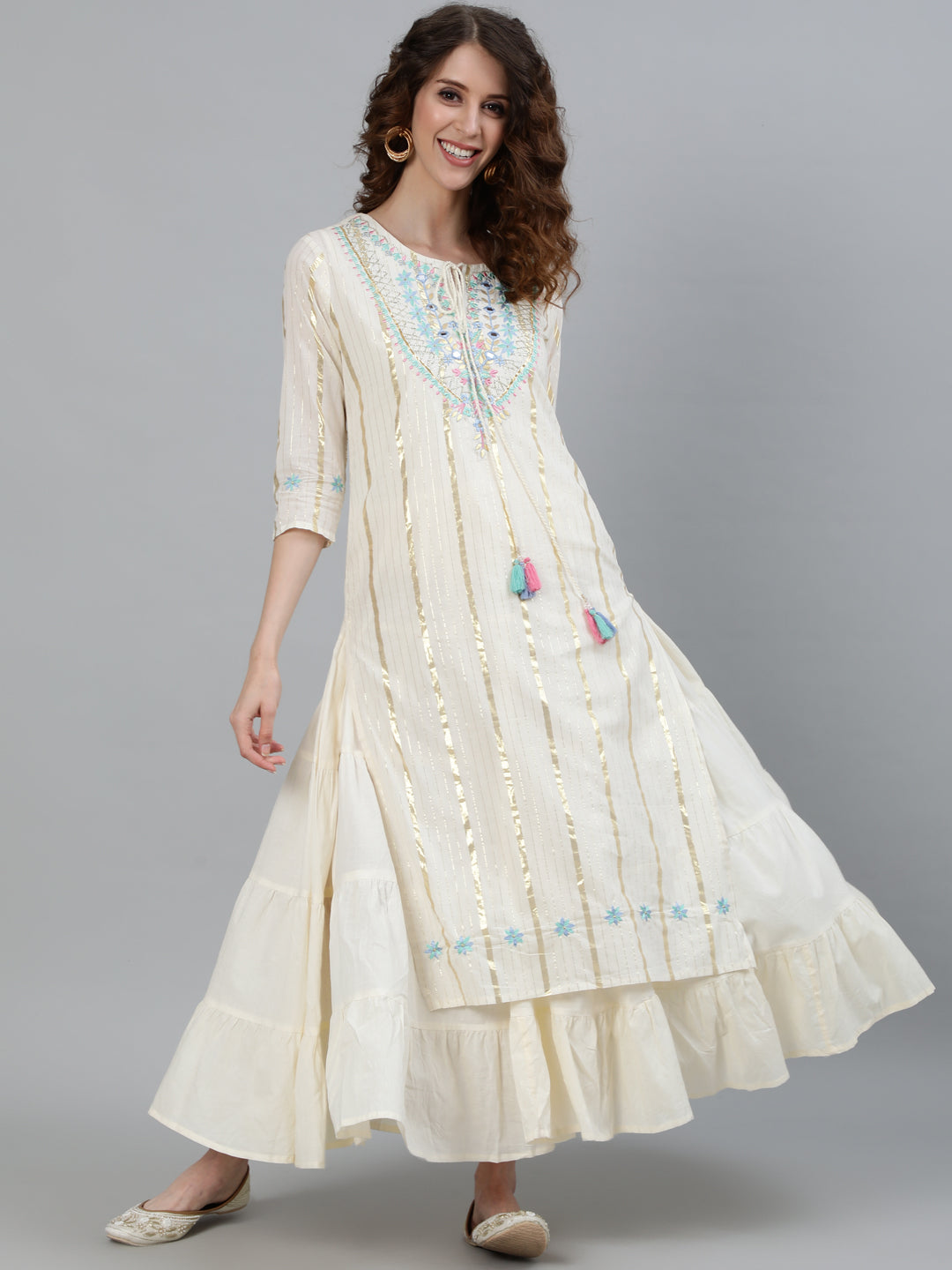 Off White Lurex Embellished Kurta