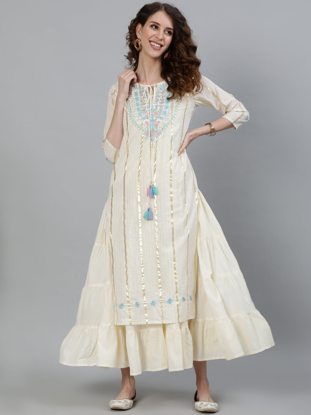 Off White Lurex Embellished Kurta