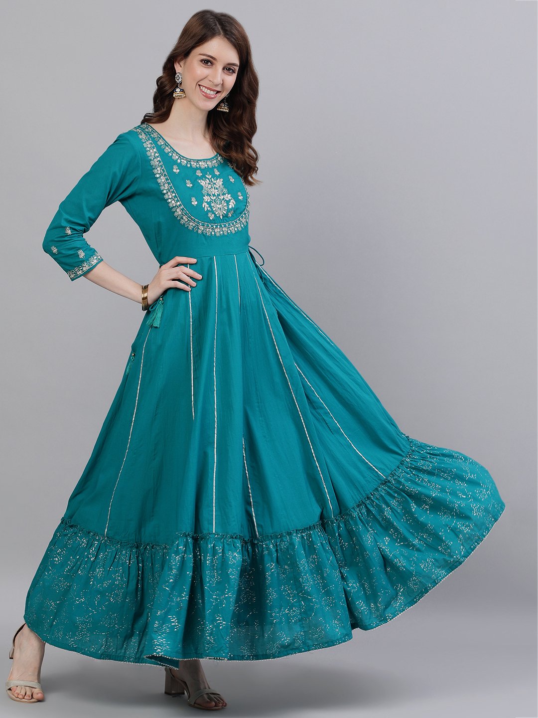 Ishin Women's Teal Zari Embellished Anarkali Kurta