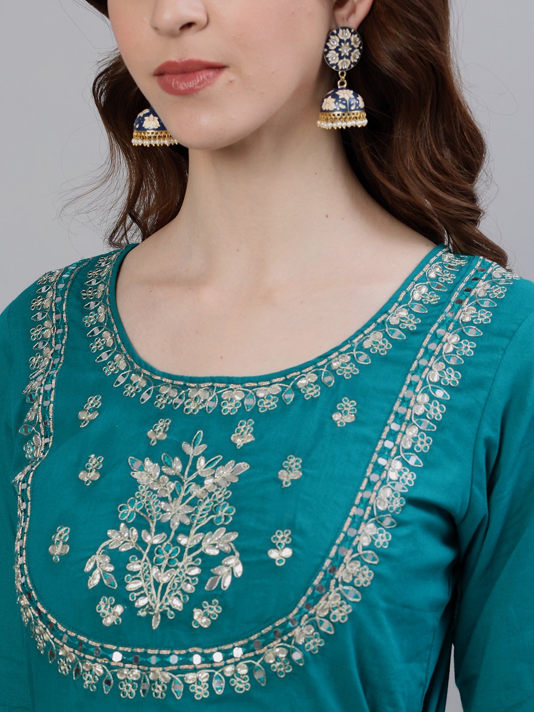 Ishin Women's Teal Zari Embellished Anarkali Kurta