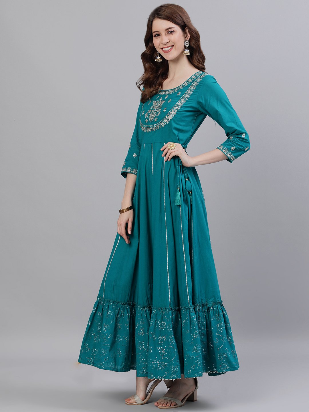 Ishin Women's Teal Zari Embellished Anarkali Kurta