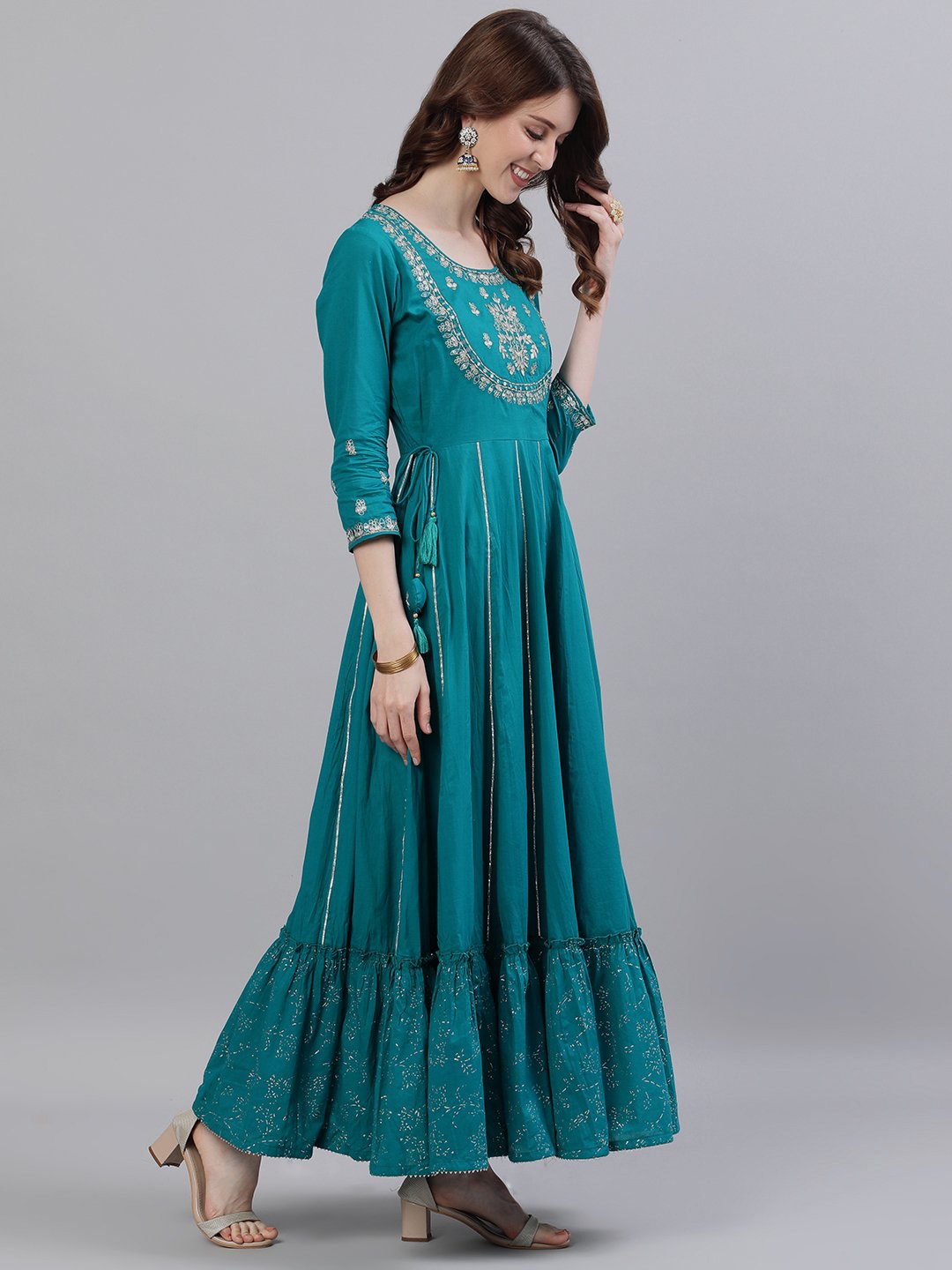 Ishin Women's Teal Zari Embellished Anarkali Kurta