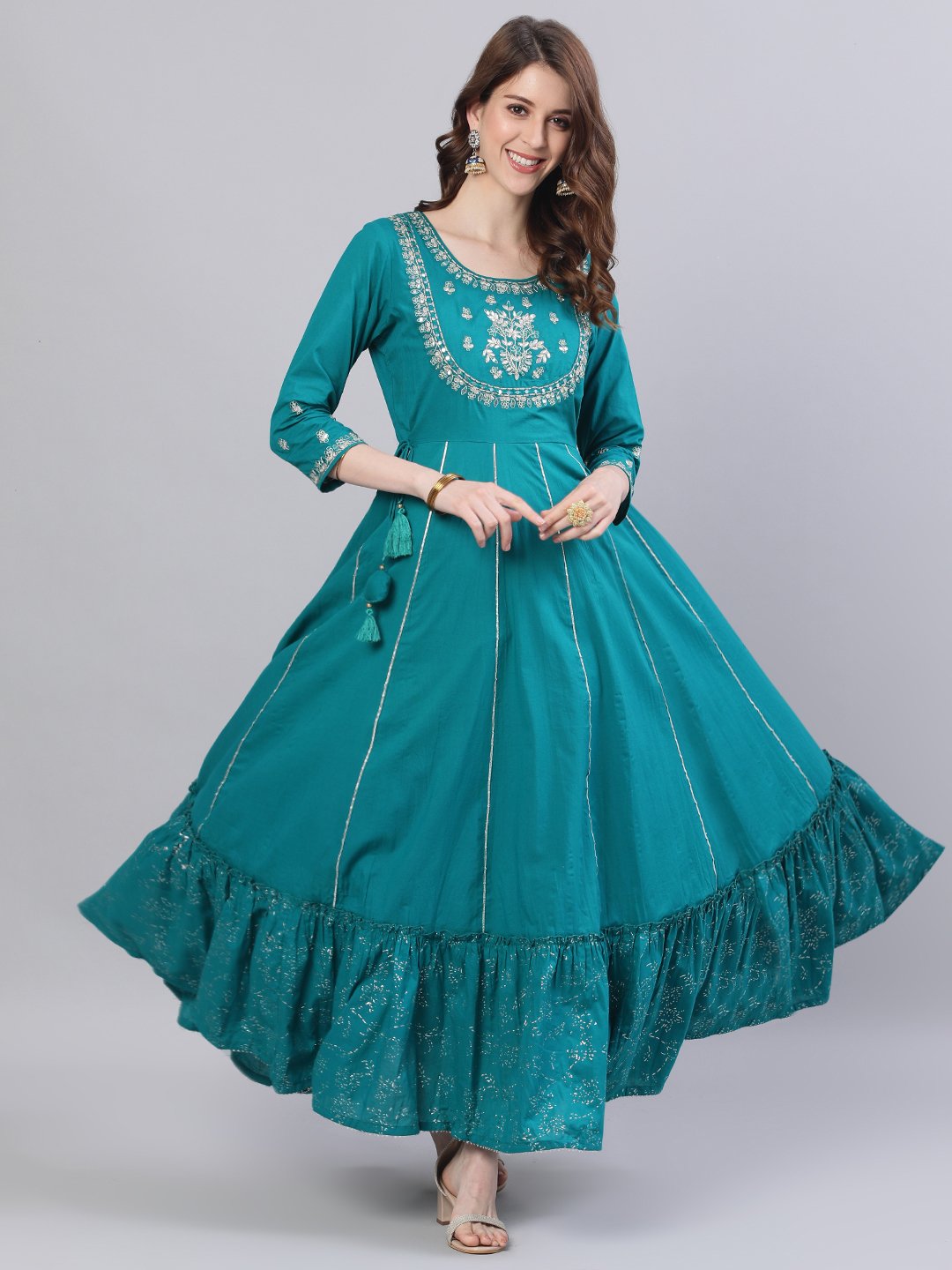 Ishin Women's Teal Zari Embellished Anarkali Kurta