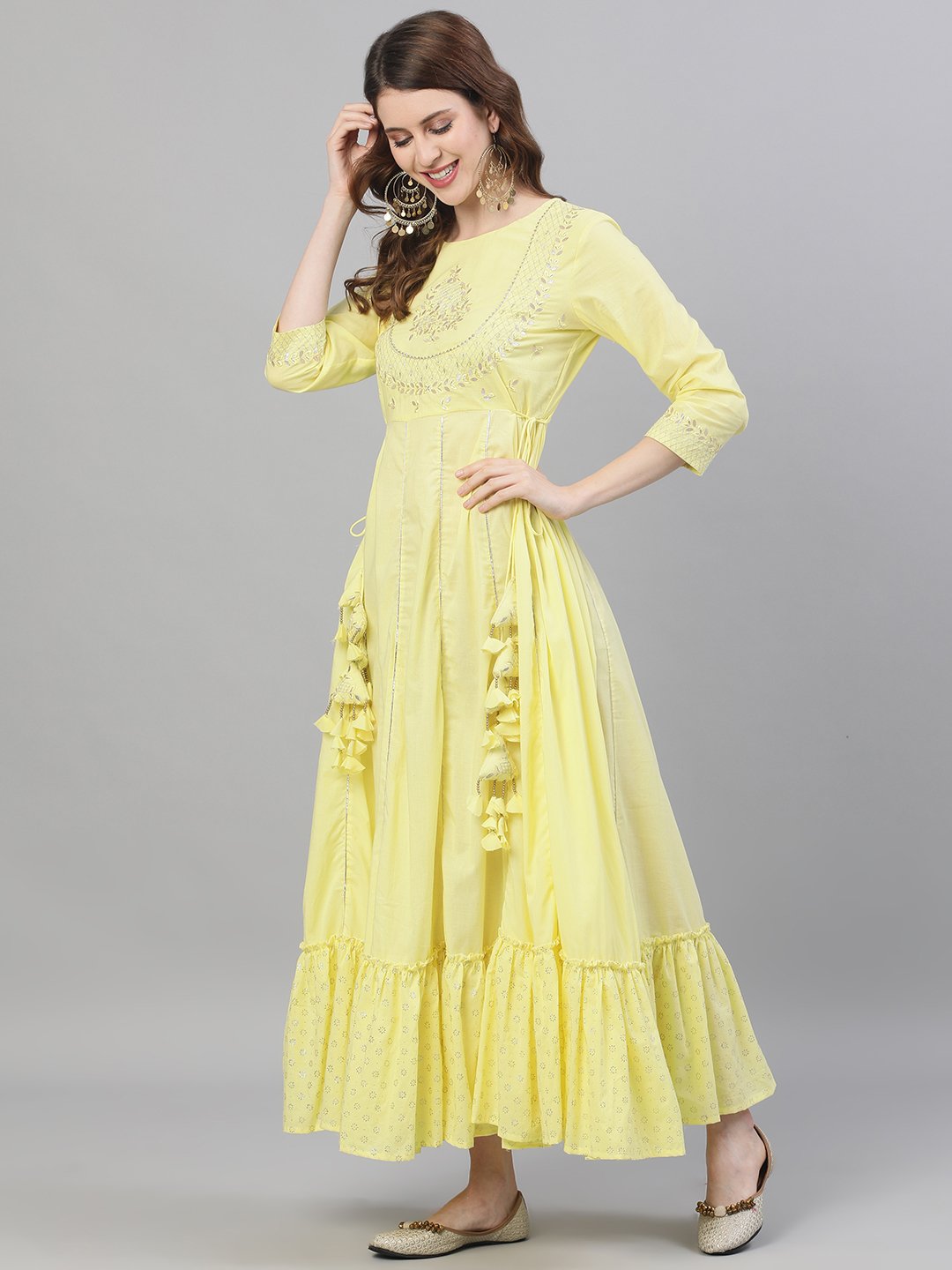 Ishin Women's Cotton Yellow Gota Patti Embroidered Anarkali Dress