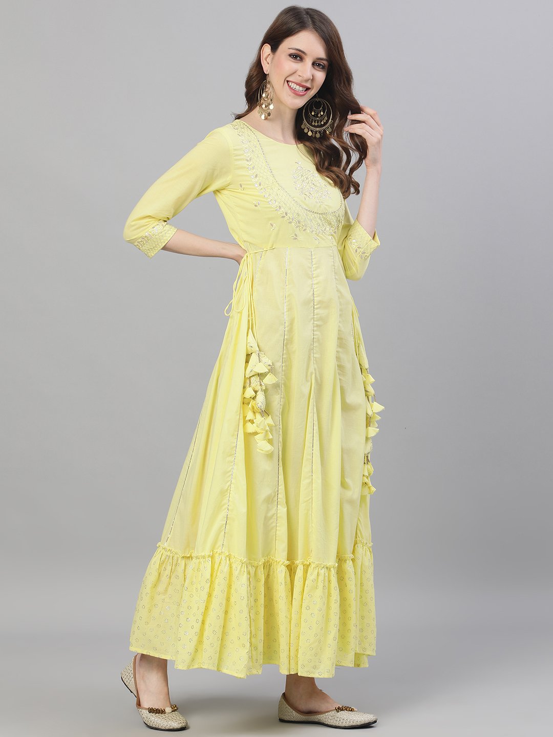 Ishin Women's Cotton Yellow Gota Patti Embroidered Anarkali Dress