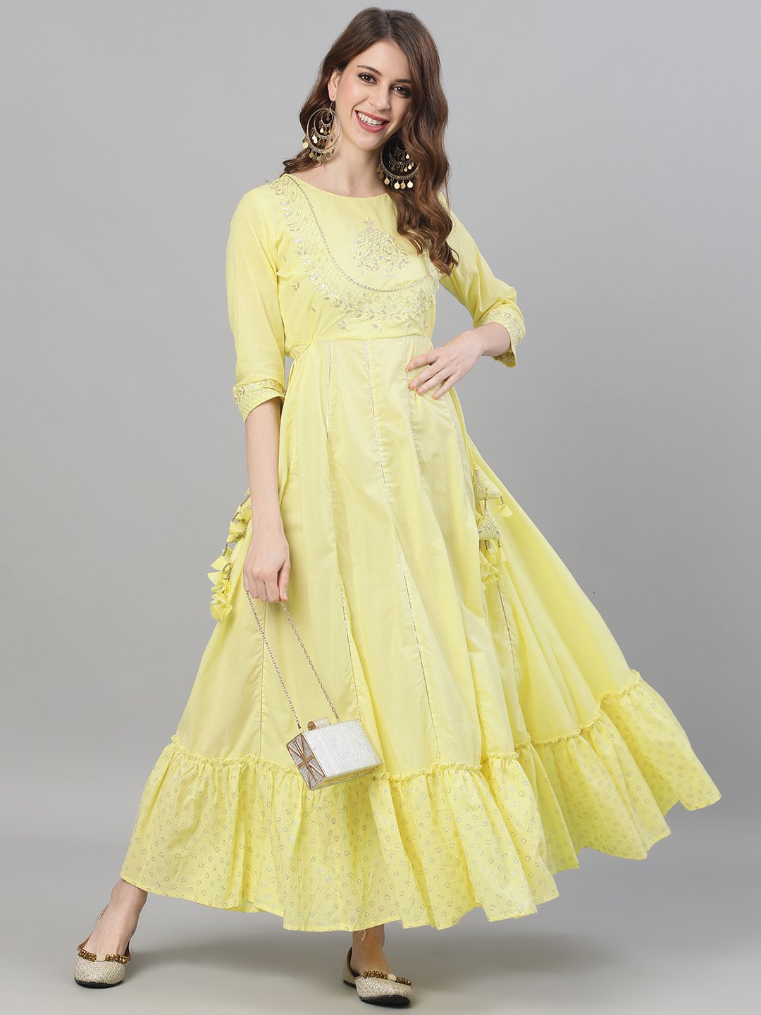 Ishin Women's Cotton Yellow Gota Patti Embroidered Anarkali Dress