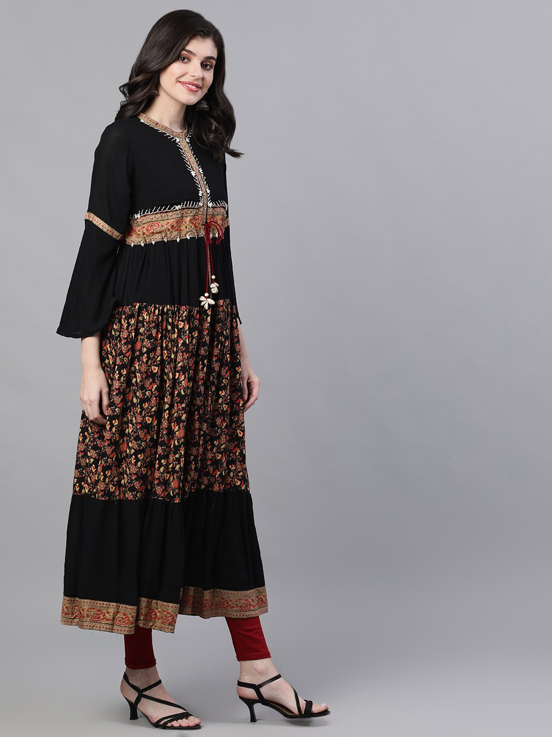 Ishin Women's Rayon Black Printed Embellished Anarkali Kurta