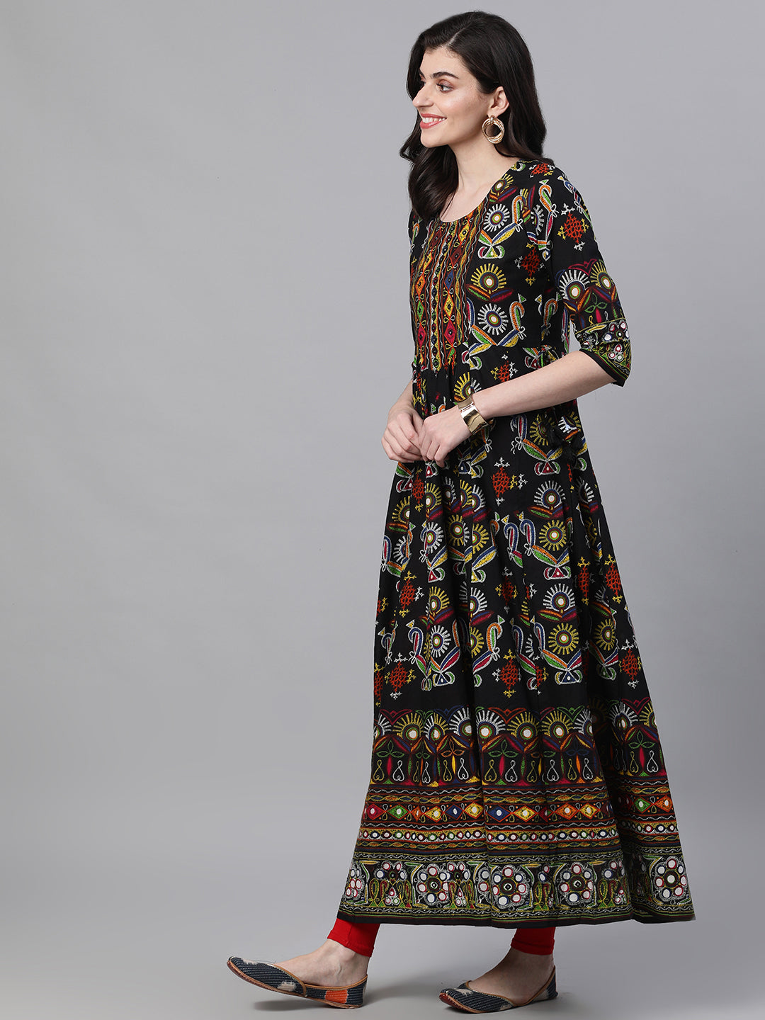 Ishin Women's Cotton Black Gaatha Printed Anarkali Kurta