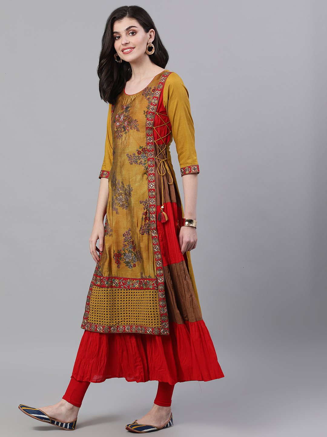 Ishin Women's Rayon Mustard & Red Schiffli Work Embellished Anarkali Layered Kurta