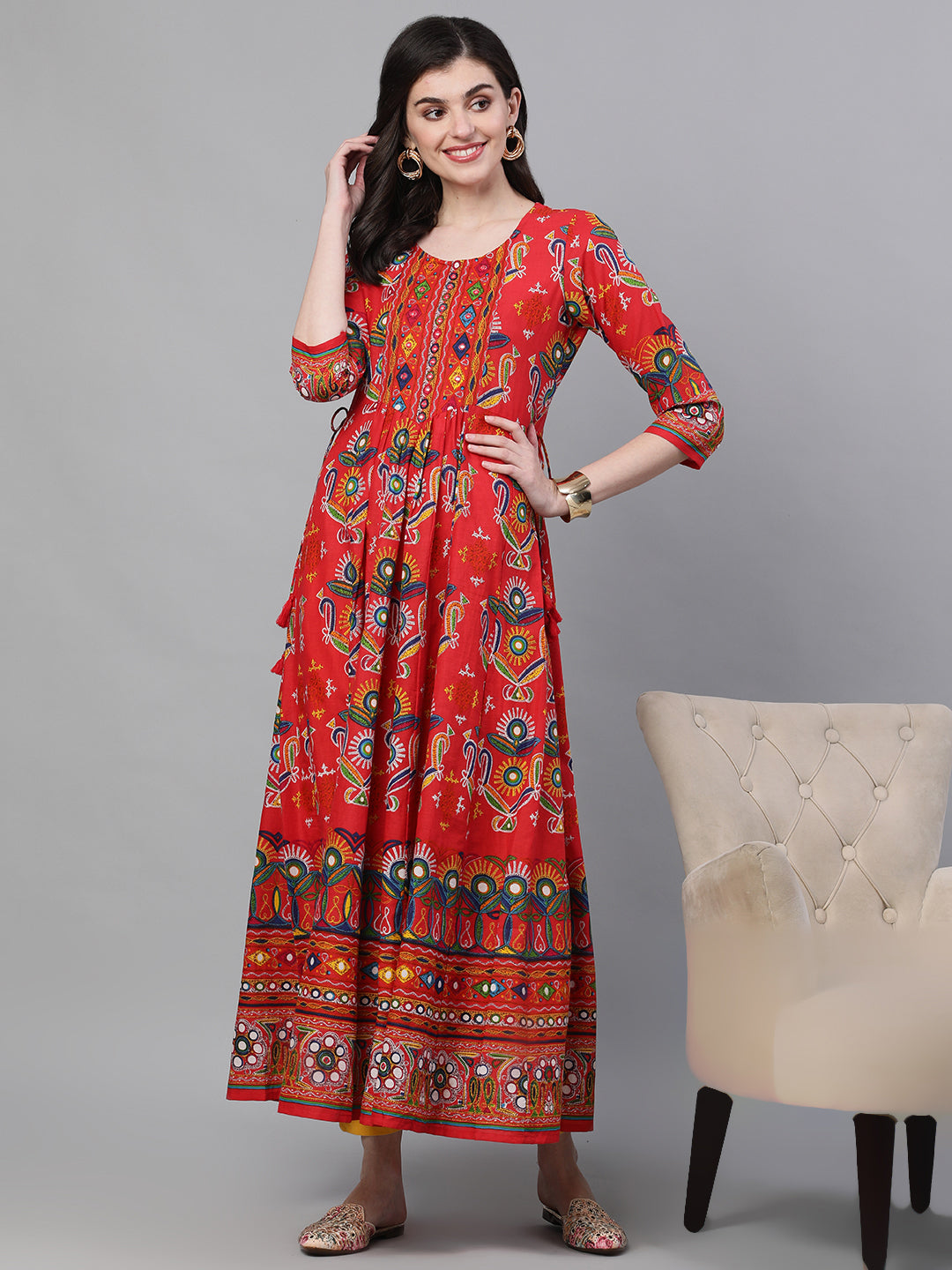 Ishin Women's Cotton Red Gaatha Printed Anarkali Kurta