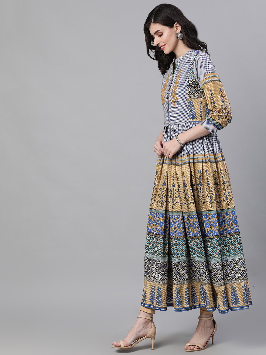 Ishin Women's Cotton Beige & Blue Printed Anarkali Kurta