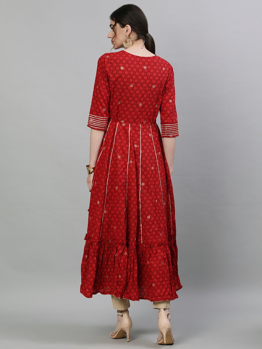 Ishin Women's Cotton Red Bandhani Yoke Embellished Anarkali Kurta