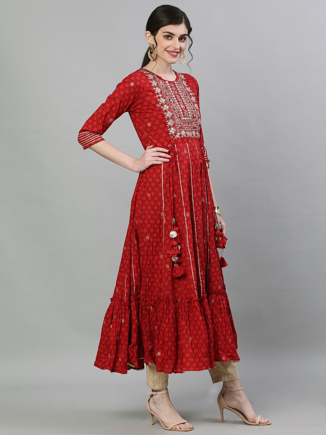 Ishin Women's Cotton Red Bandhani Yoke Embellished Anarkali Kurta