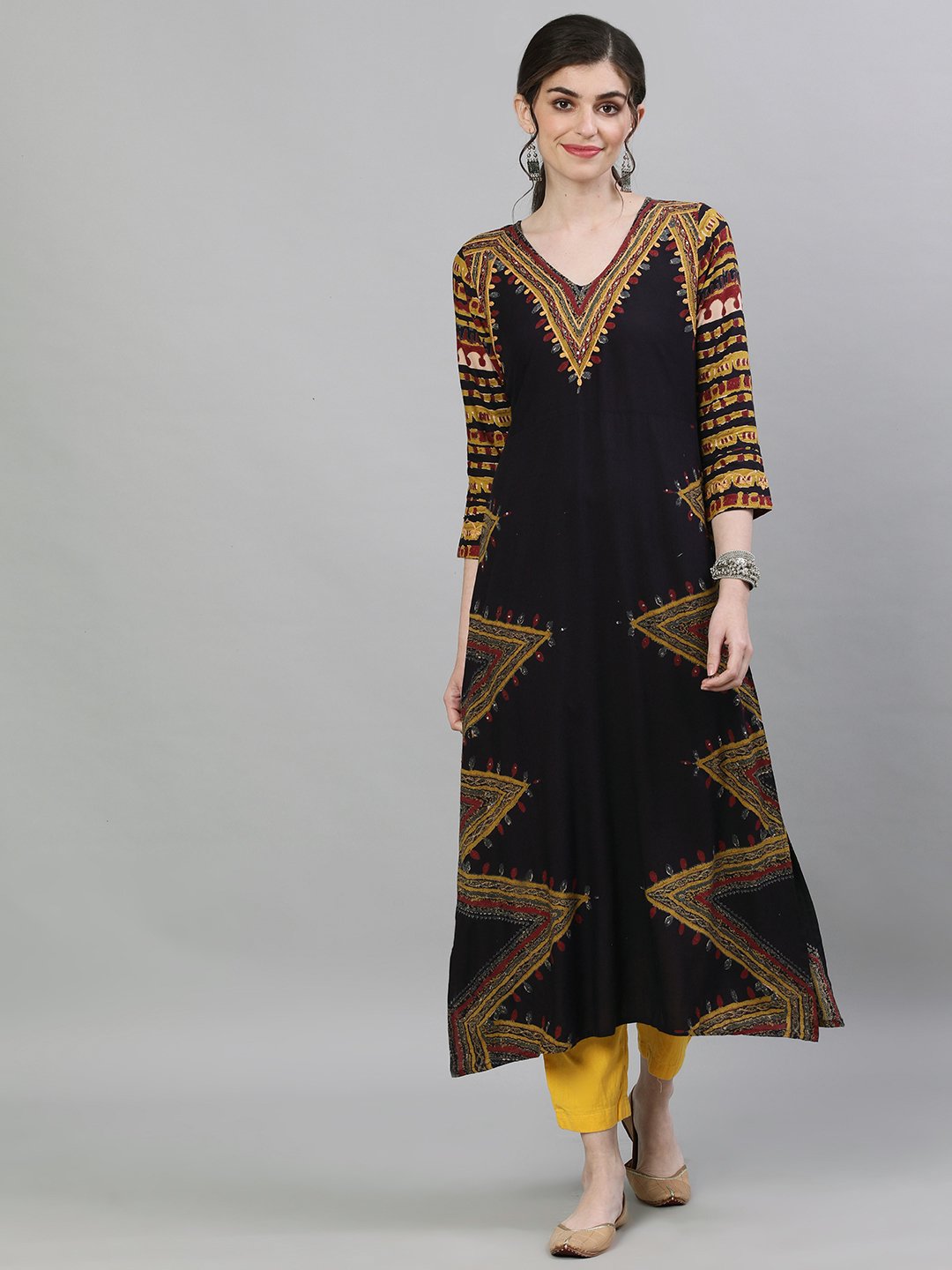 Ishin Women's Rayon Black Yoke Embroidered A-Line Kurta