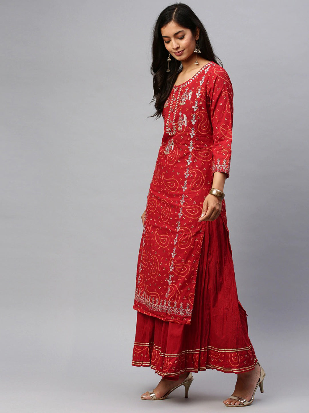 Ishin Women's Cotton Red Embroidered A-Line Kurta