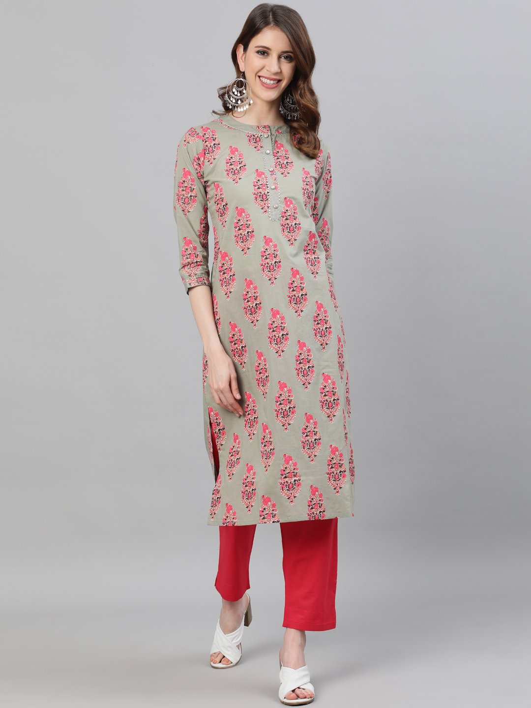 Ishin Women's Cotton Sea Green & Pink Printed A-Line Kurta Trouser Set