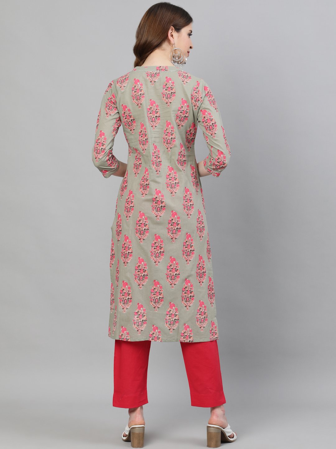 Ishin Women's Cotton Sea Green & Pink Printed A-Line Kurta Trouser Set