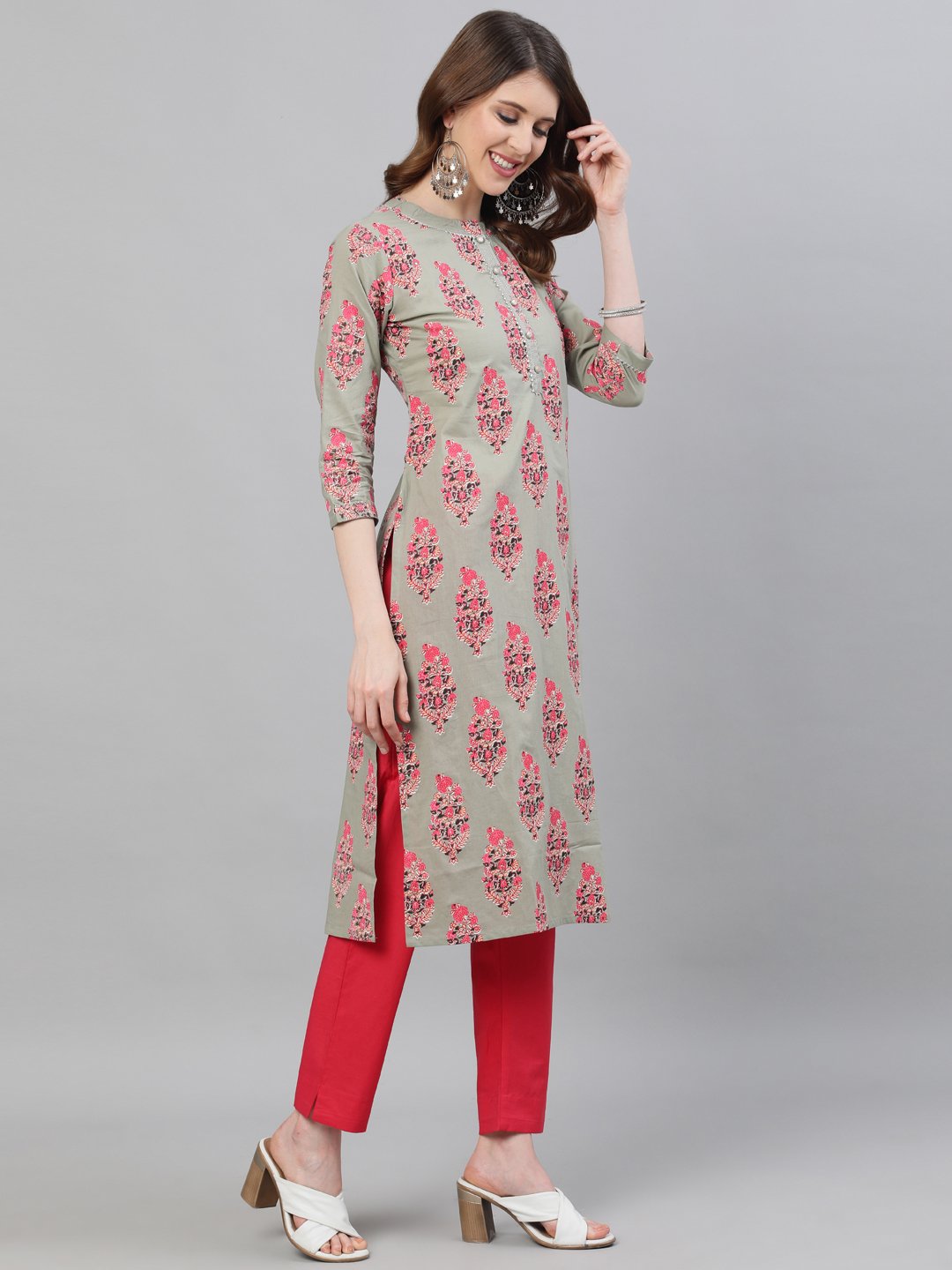 Ishin Women's Cotton Sea Green & Pink Printed A-Line Kurta Trouser Set