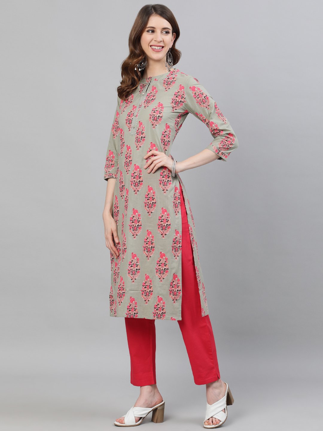 Ishin Women's Cotton Sea Green & Pink Printed A-Line Kurta Trouser Set