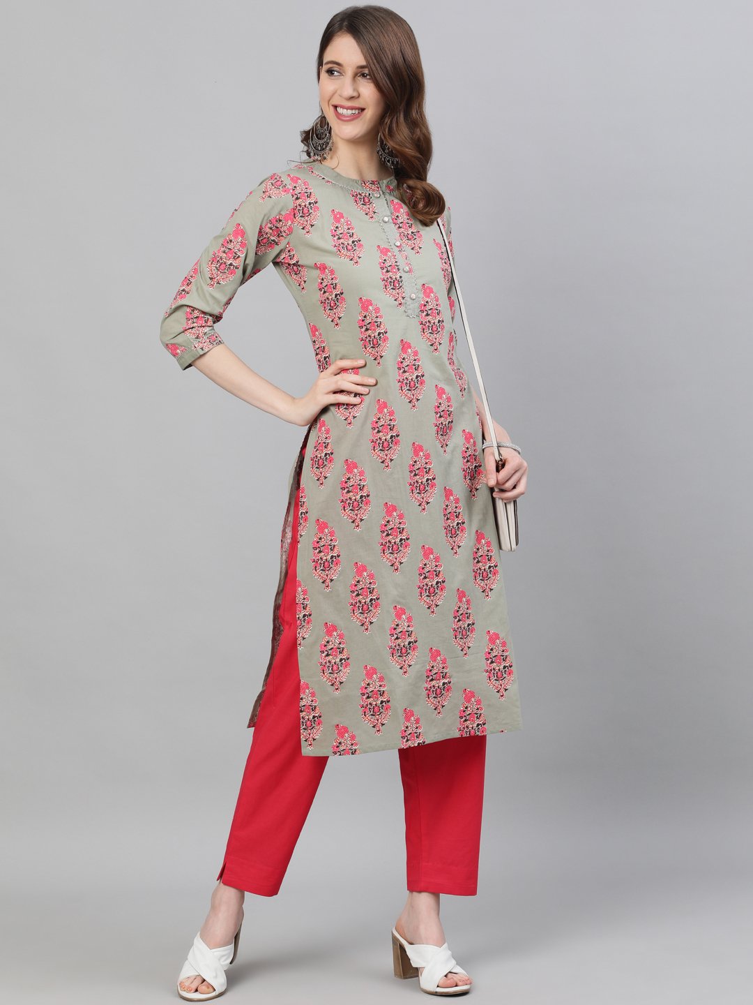 Ishin Women's Cotton Sea Green & Pink Printed A-Line Kurta Trouser Set