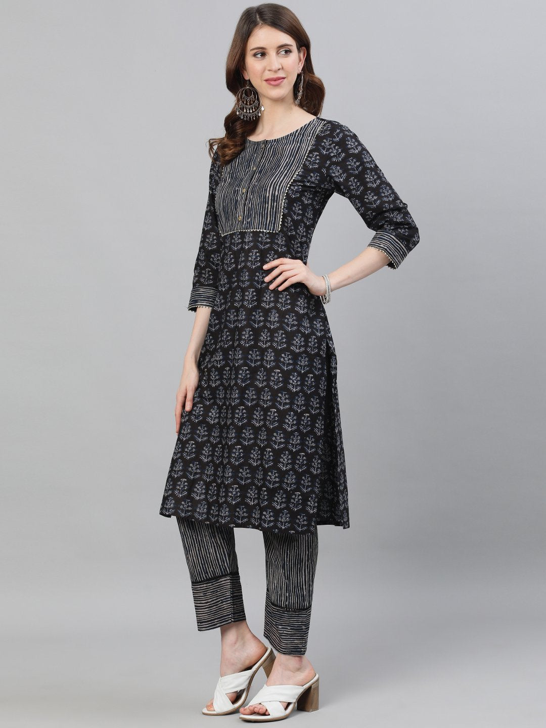 Ishin Women's Cotton Black Printed A-Line Kurta Trouser Set