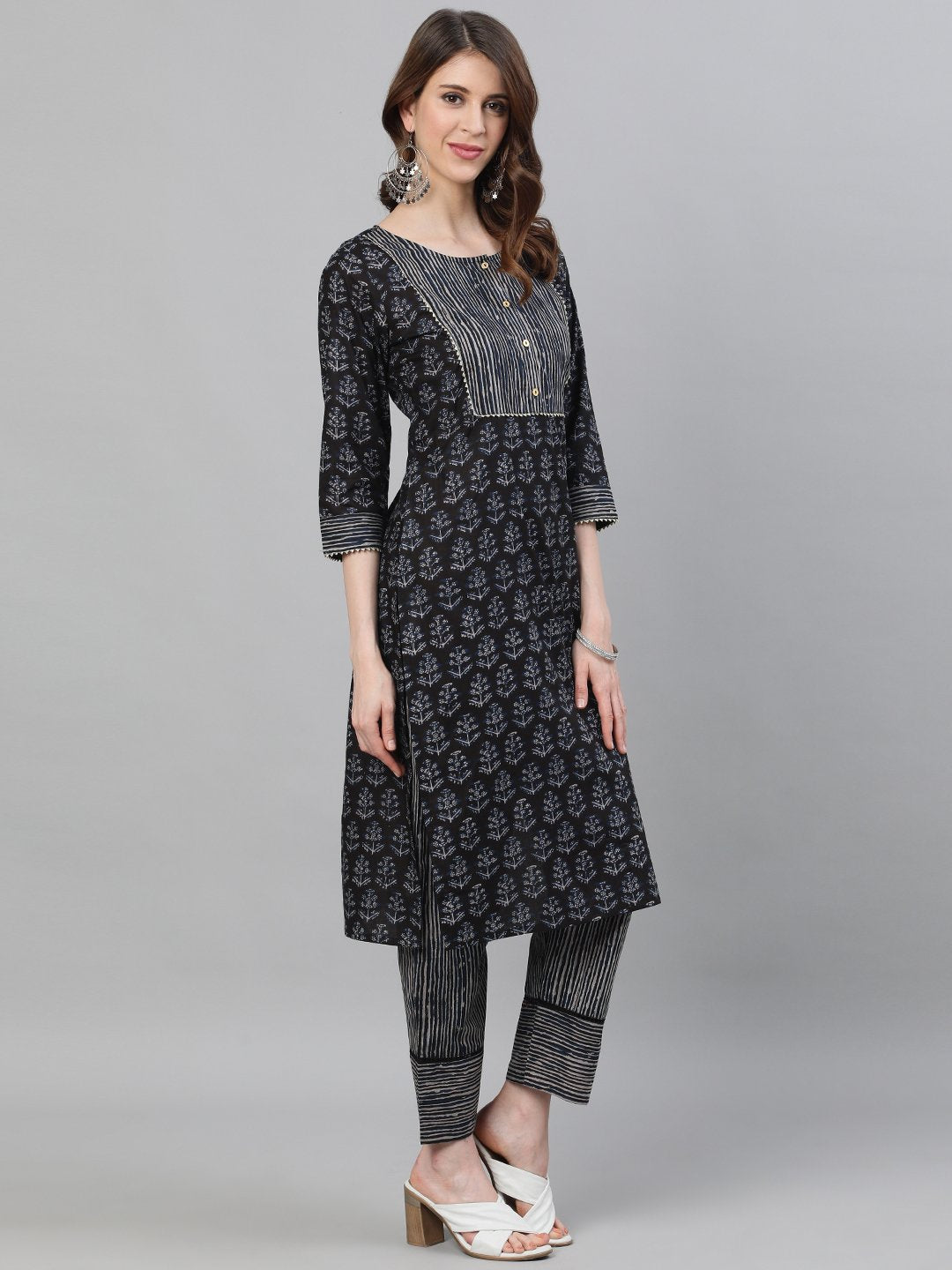 Ishin Women's Cotton Black Printed A-Line Kurta Trouser Set