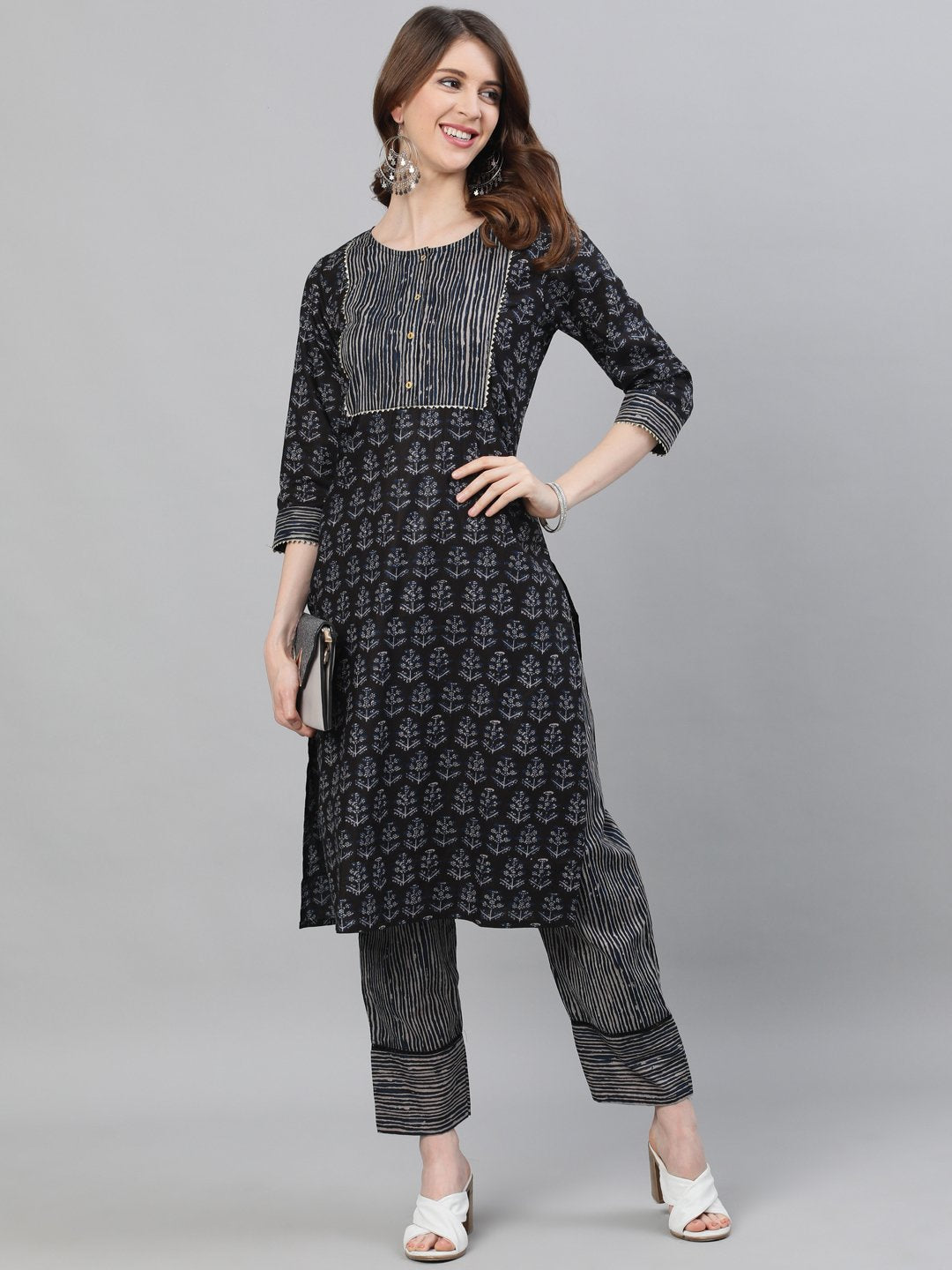 Ishin Women's Cotton Black Printed A-Line Kurta Trouser Set