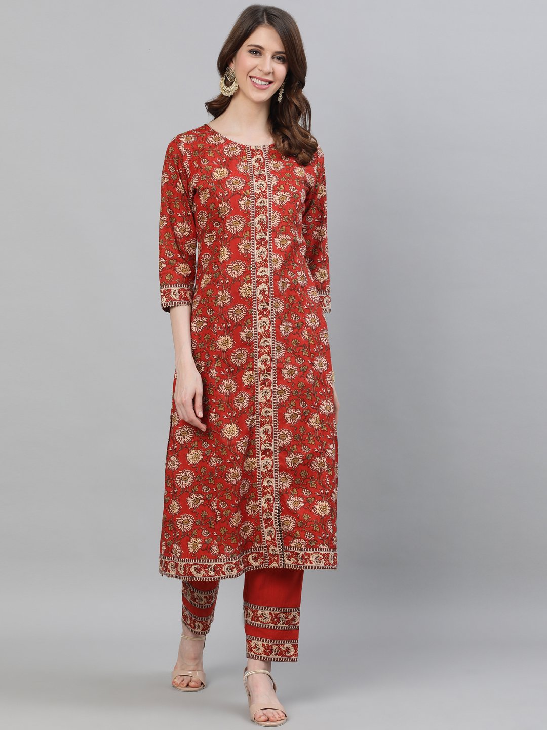 Ishin Women's Cotton Brown Printed A-Line Kurta Trouser Set