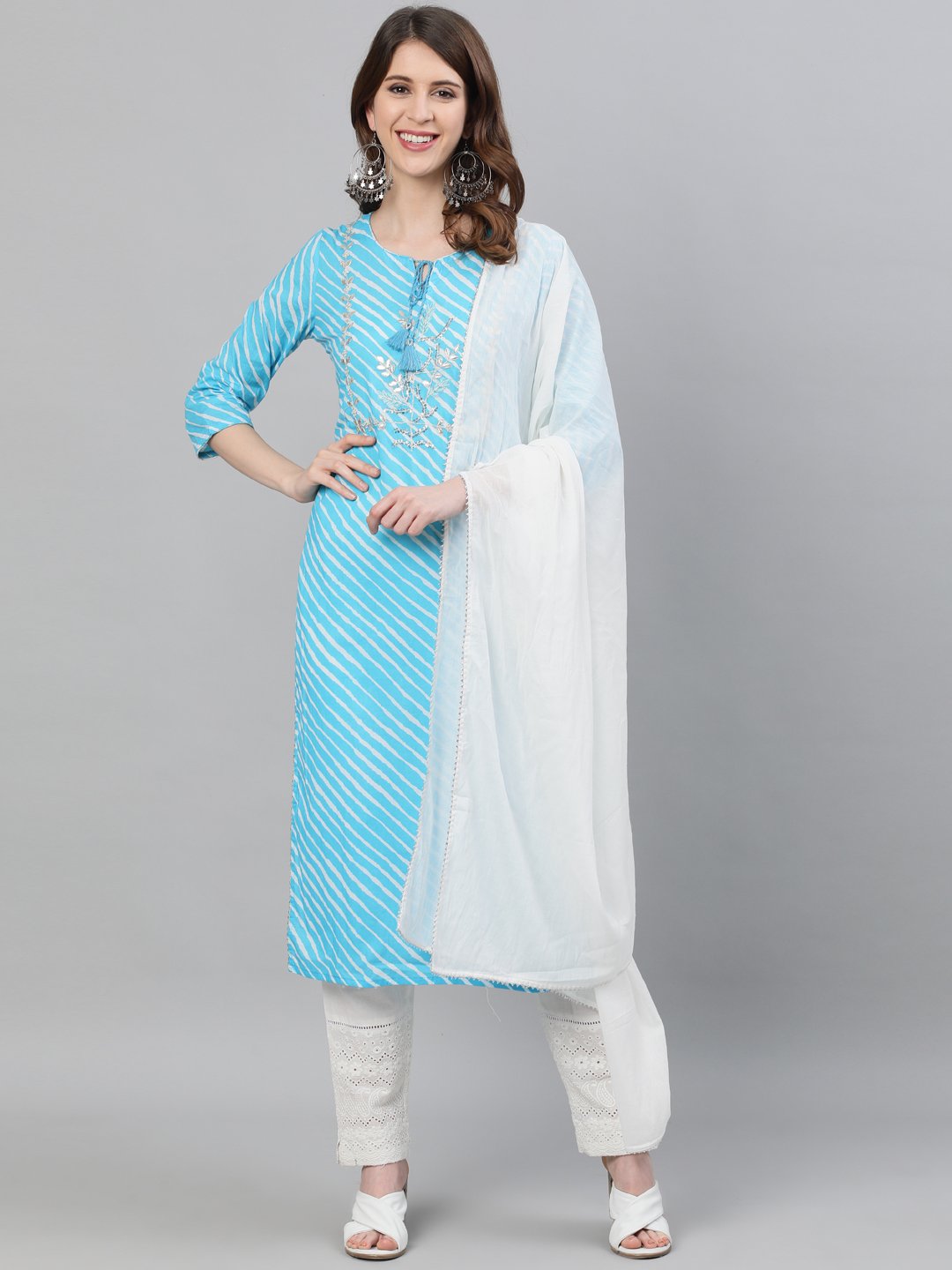 Ishin Women's Cotton Blue Leheriya Embroidered A-Line Kurta Trouser Dupatta Set