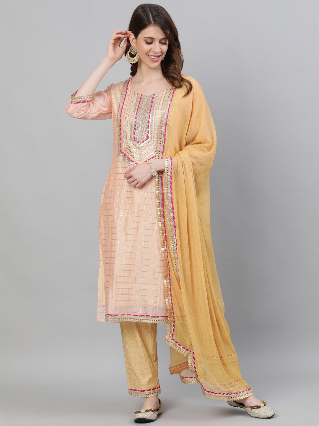 Ishin Women's Chanderi Silk Peach & Beige Lurex Embroidered A-Line Kurta Trouser Dupatta Set