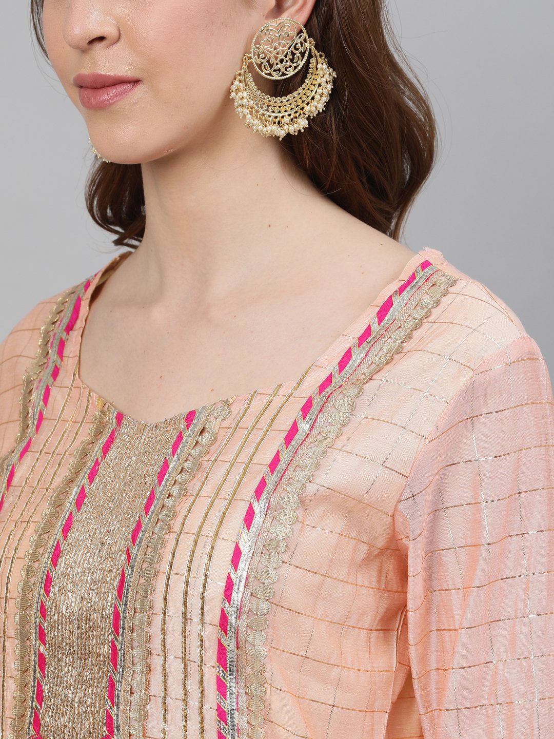 Ishin Women's Chanderi Silk Peach & Beige Lurex Embroidered A-Line Kurta Trouser Dupatta Set