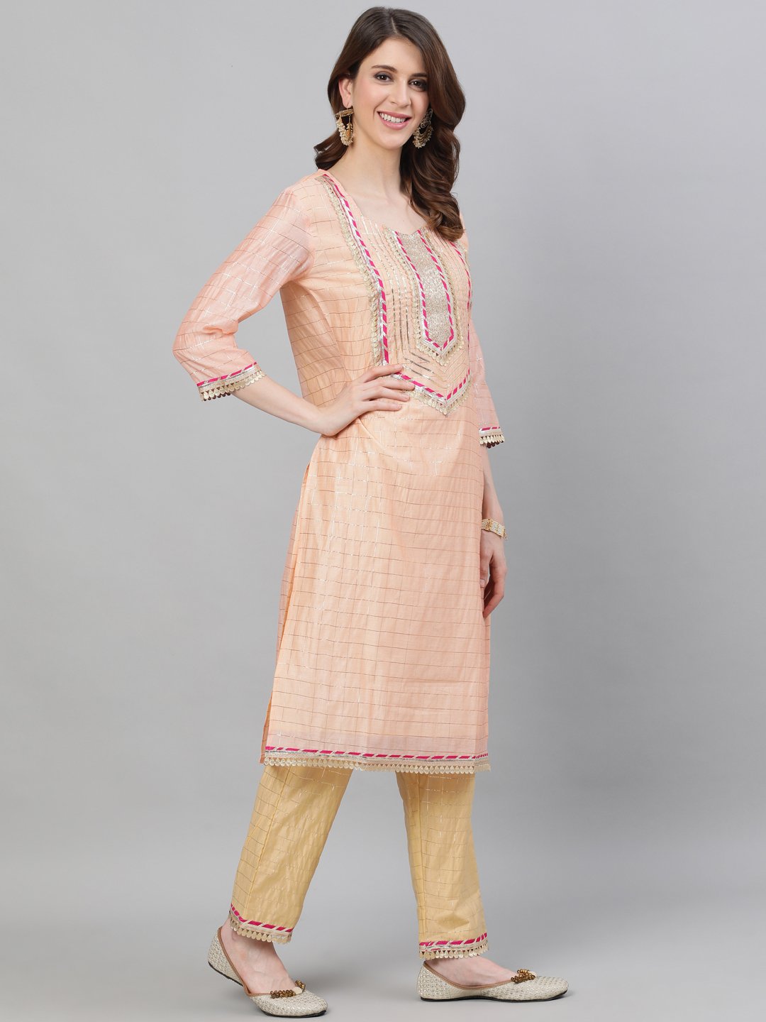 Ishin Women's Chanderi Silk Peach & Beige Lurex Embroidered A-Line Kurta Trouser Dupatta Set