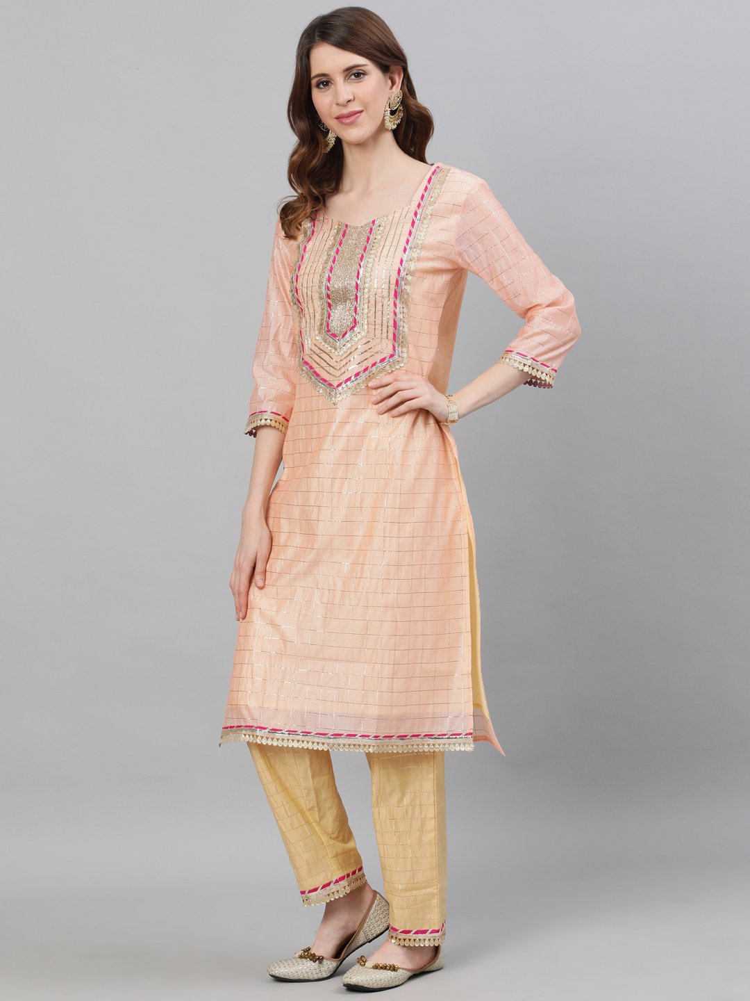 Ishin Women's Chanderi Silk Peach & Beige Lurex Embroidered A-Line Kurta Trouser Dupatta Set