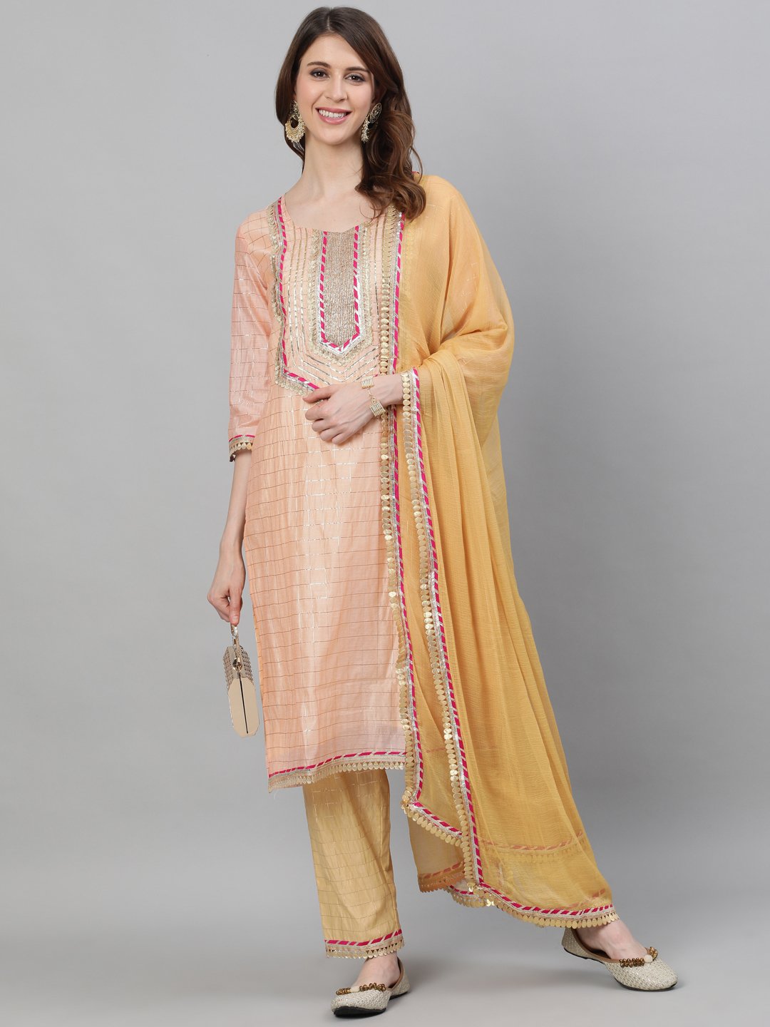 Ishin Women's Chanderi Silk Peach & Beige Lurex Embroidered A-Line Kurta Trouser Dupatta Set