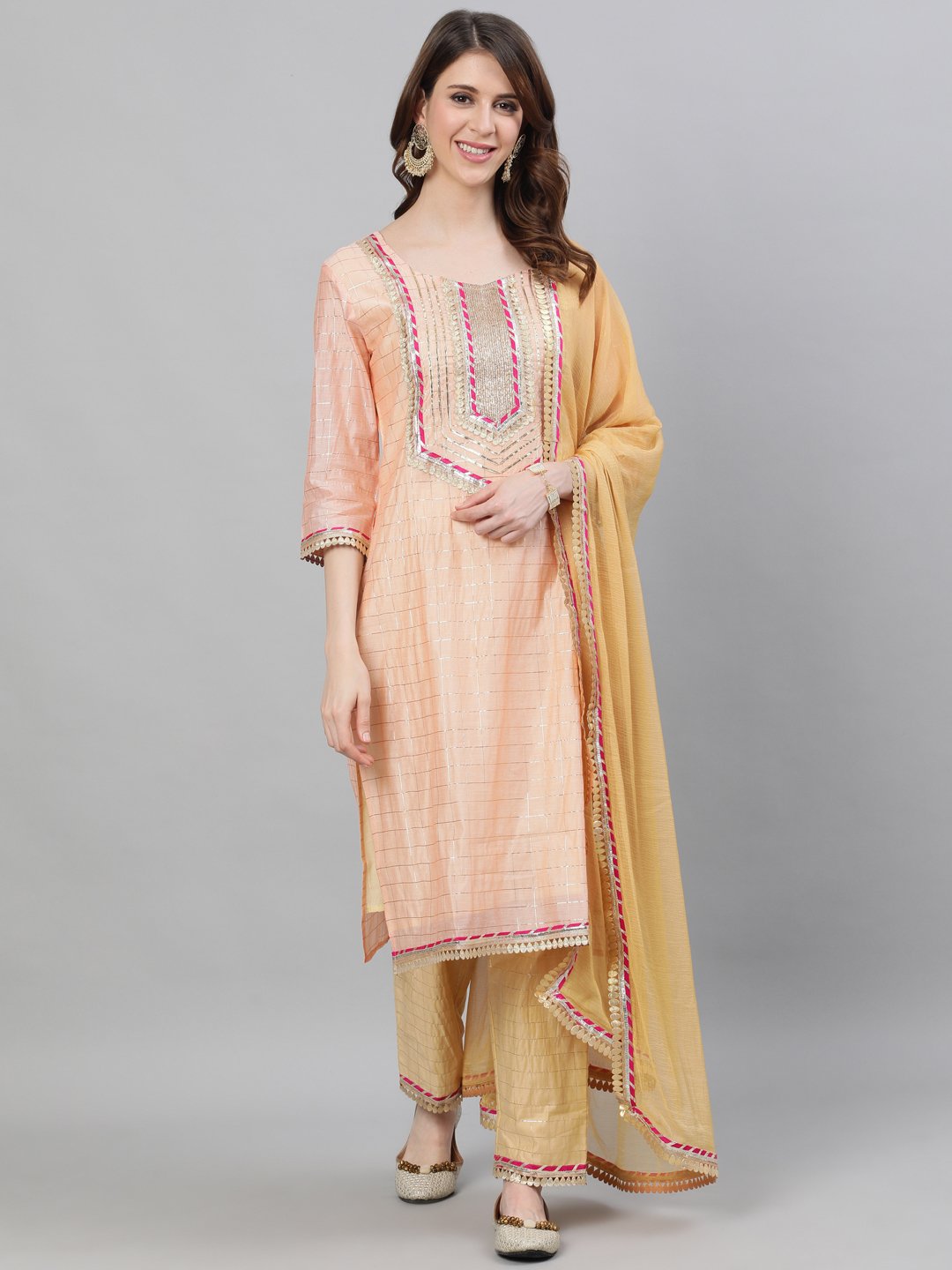 Ishin Women's Chanderi Silk Peach & Beige Lurex Embroidered A-Line Kurta Trouser Dupatta Set